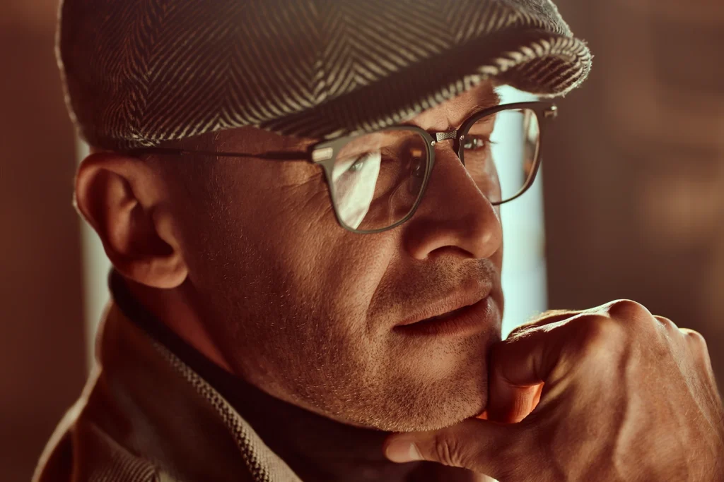 A man in glasses looking thoughtfully out of a window