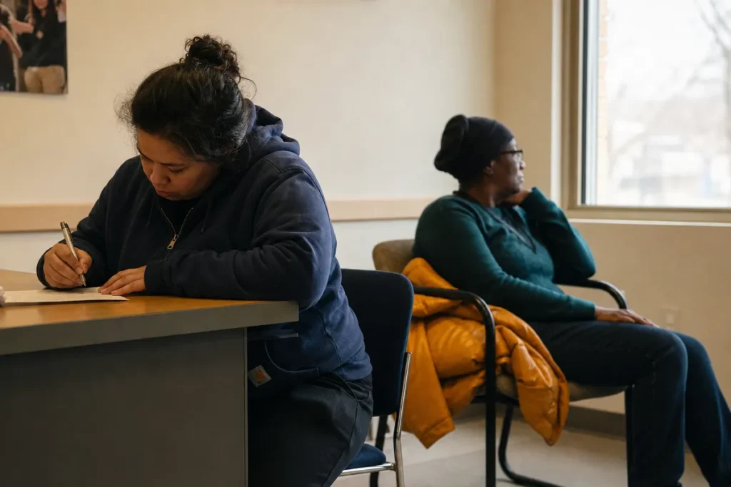 A person filling out a form at a community desk while someone waits nearby