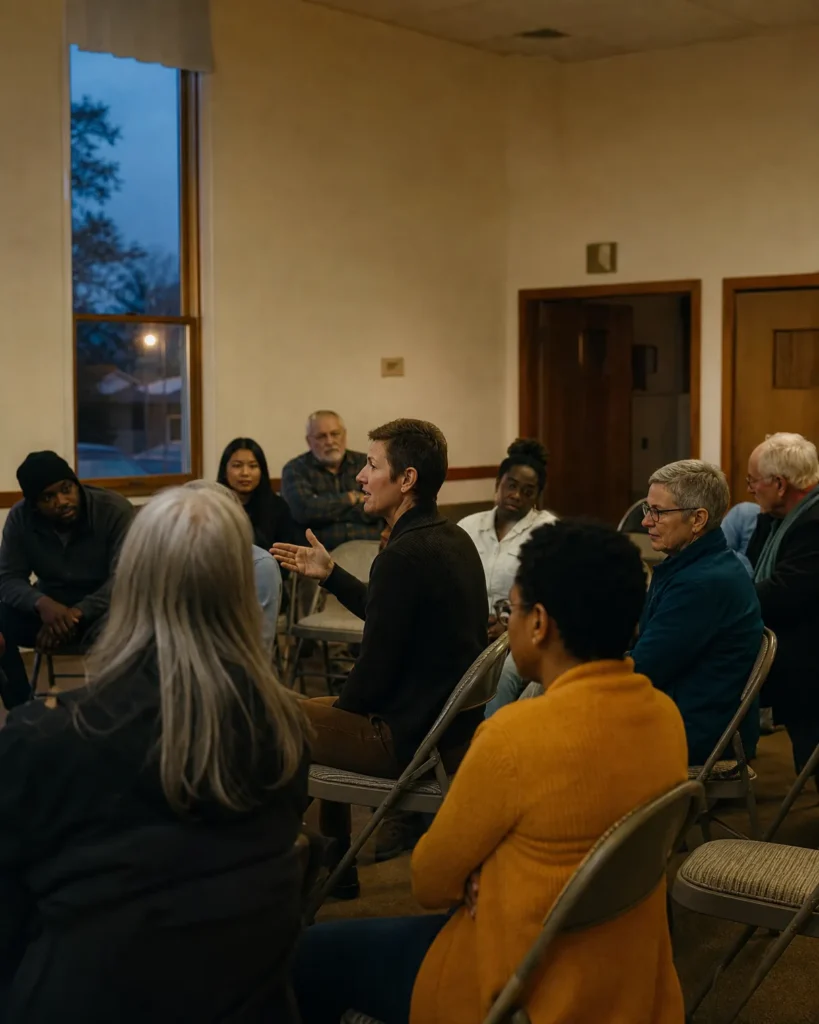 People in a modest community-center meeting, one person speaking from a folding chair