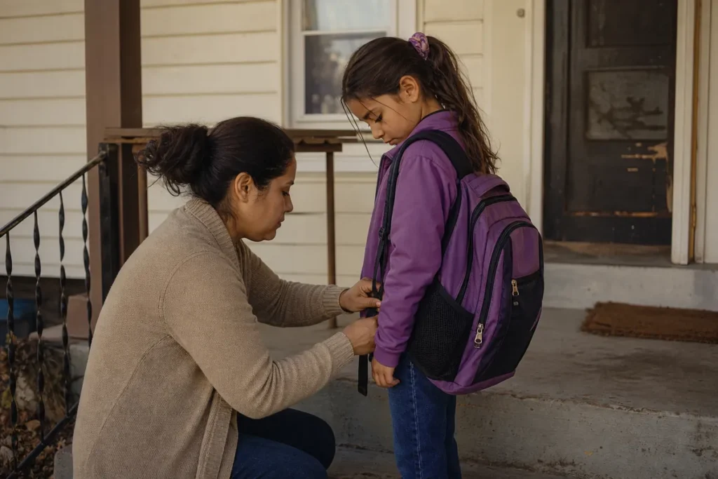 A parent helping a child with a backpack at a modest front door