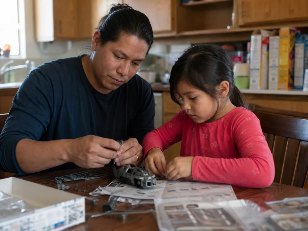 A parent and child building a model together at a kitchen table