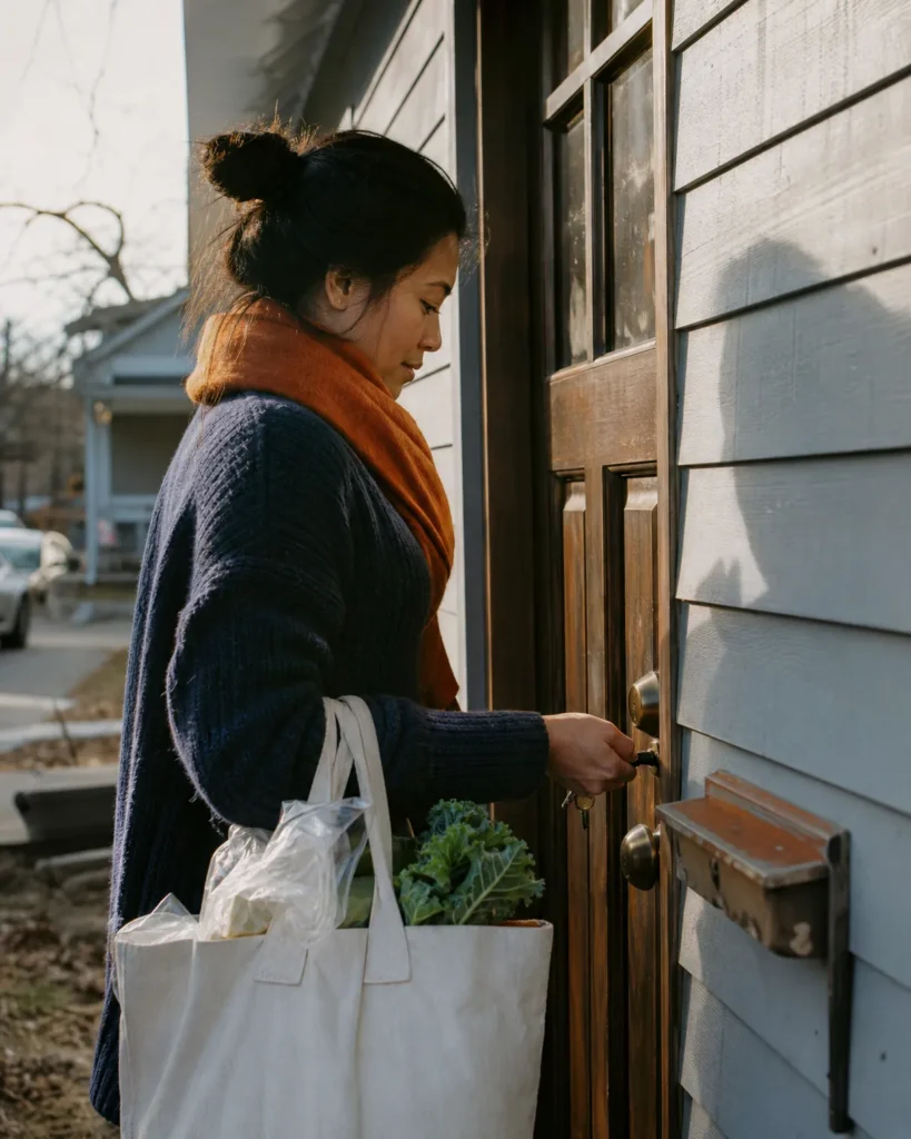 A woman unlocking her front door with a grocery bag on one arm in late afternoon light