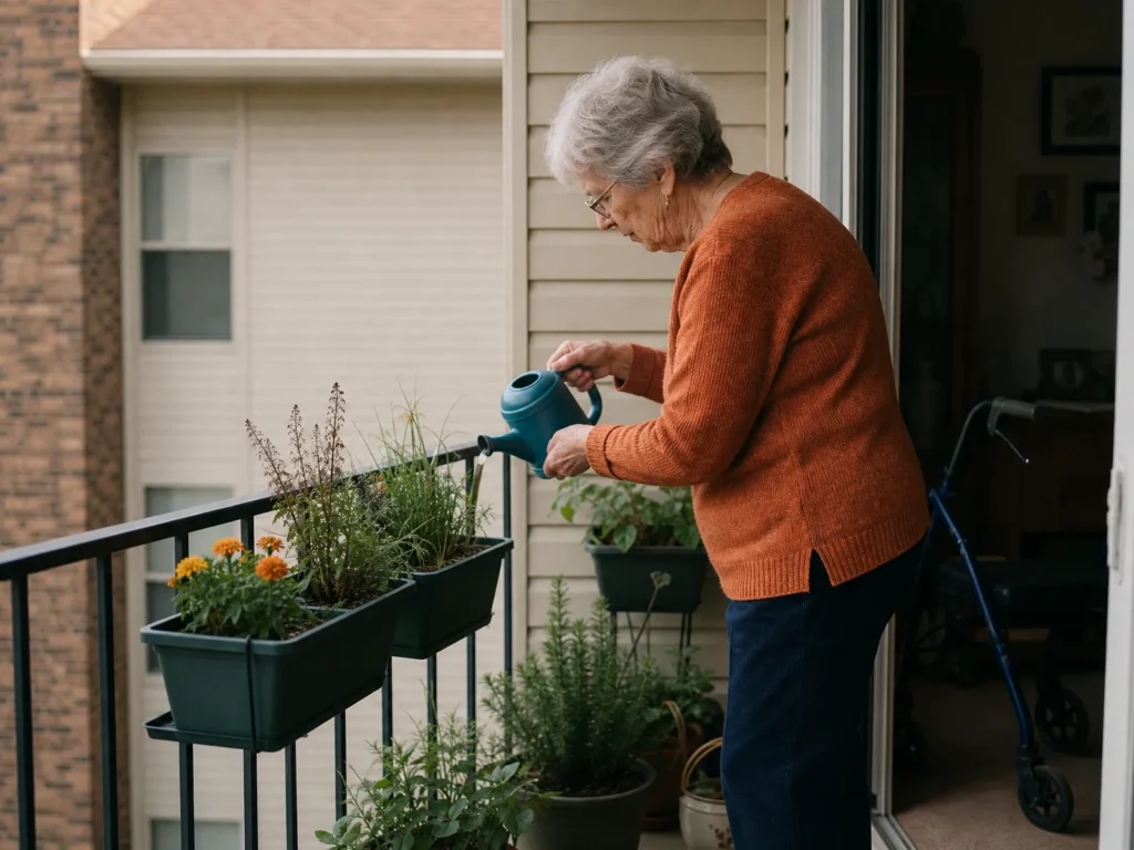 An older woman watering plants on a small apartment balcony