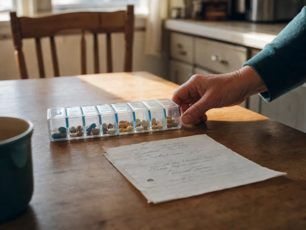 A weekly pill organizer and a handwritten note on a kitchen table in morning light