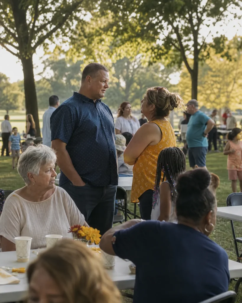 Neighbors talking in small groups at a late-afternoon park gathering