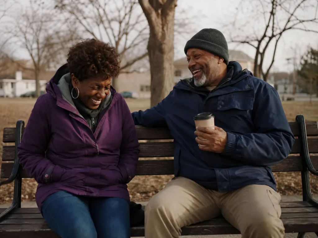 Two people sharing a laugh on a park bench with takeout coffee