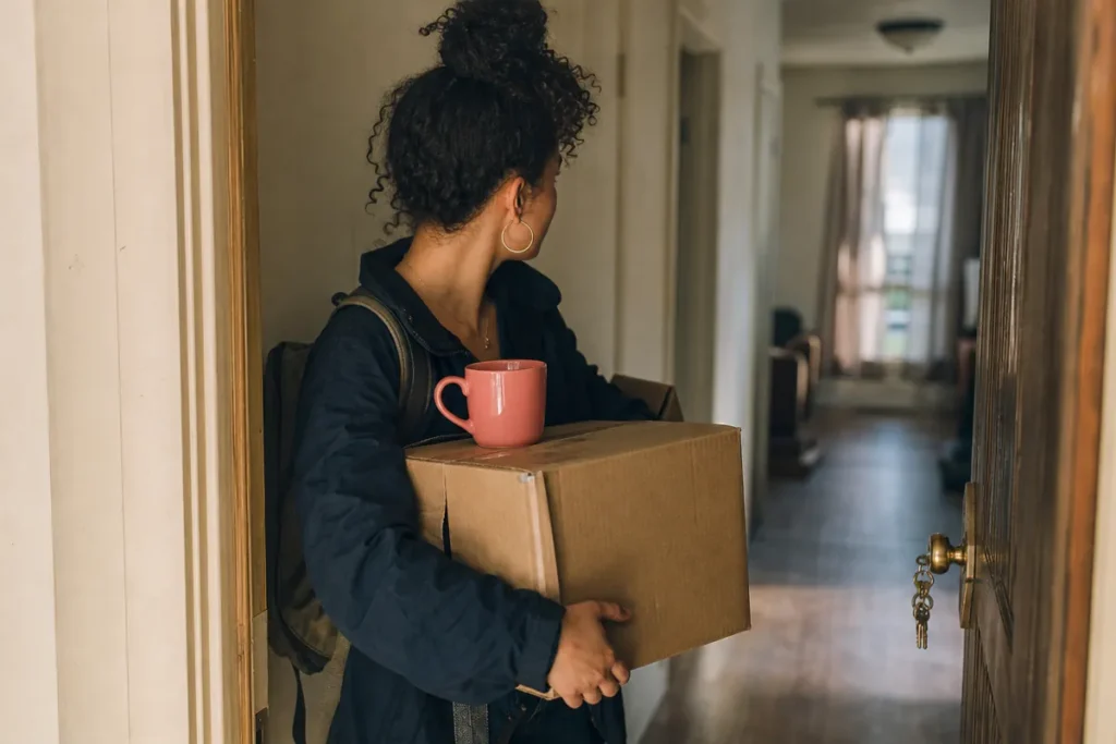 A person carrying a small moving box into a modest apartment doorway