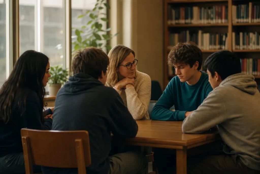 An adult talking with a small group of teens around a library table