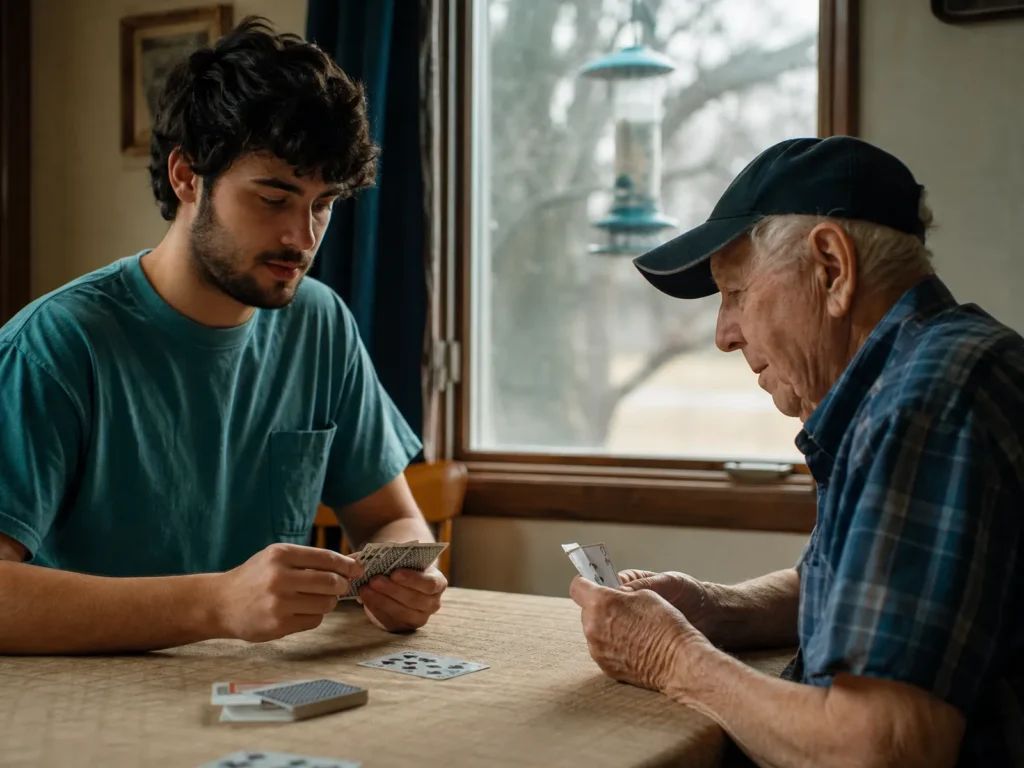 A younger volunteer and an older man playing cards at a table by a window with a bird feeder