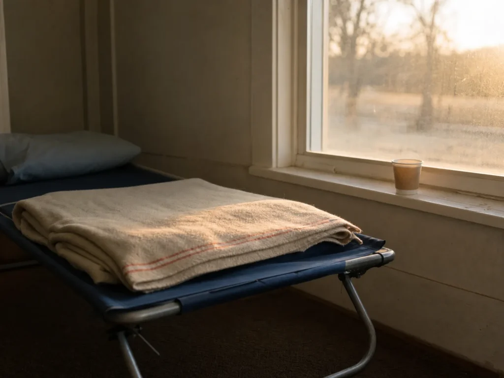 A cot with a clean folded blanket and a paper cup of coffee on the windowsill in early light