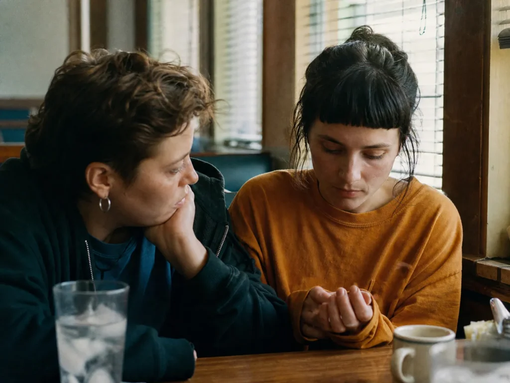 Two friends at a diner booth, one leaning in to listen while the other looks at their hands