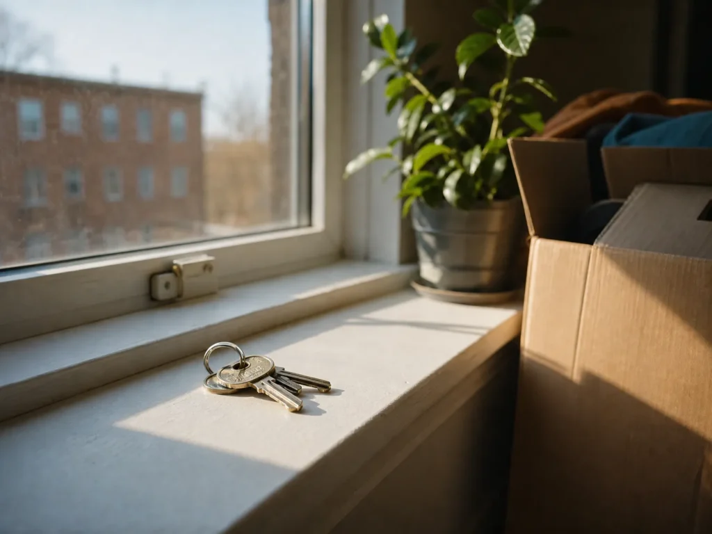 A set of keys on a sunlit windowsill of a modest apartment with a moving box and houseplant behind