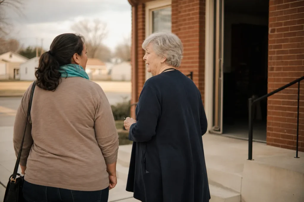 Two people walking beside a small brick building mid-conversation