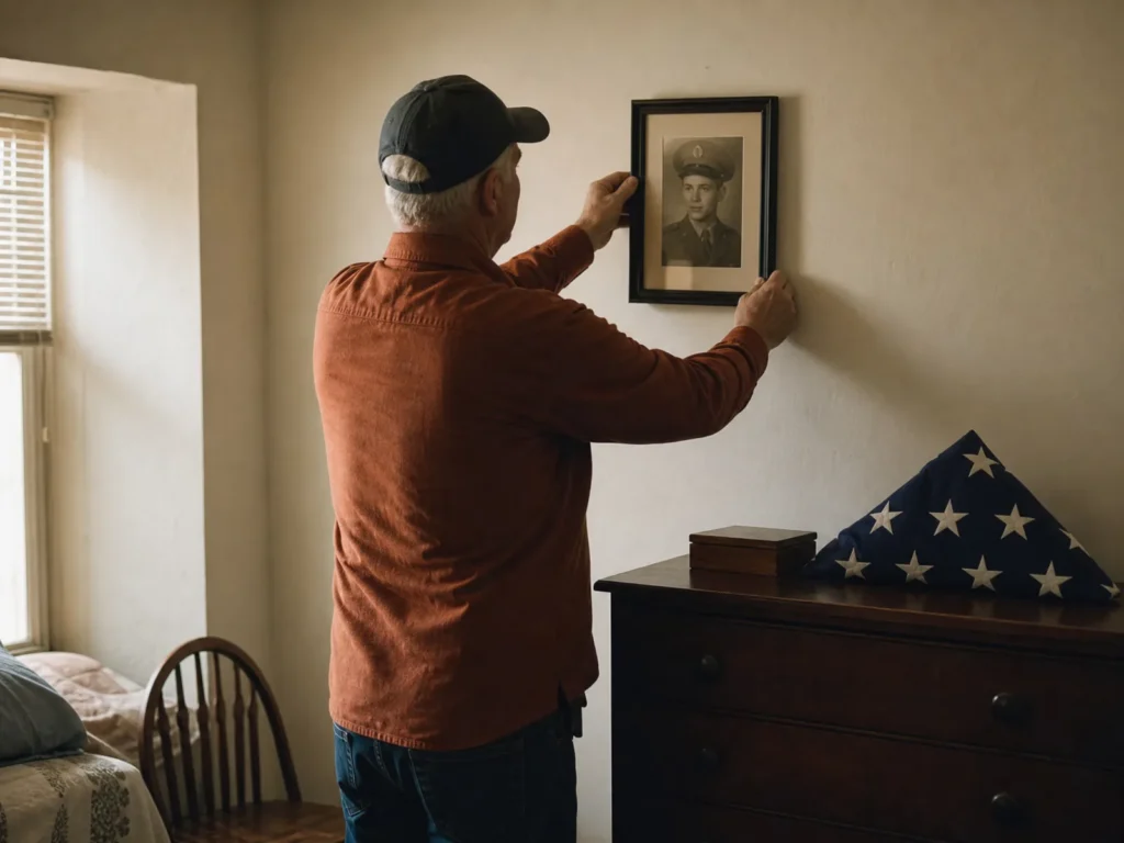 An older man in a ballcap hanging a framed photo on an apartment wall, a folded flag on the dresser