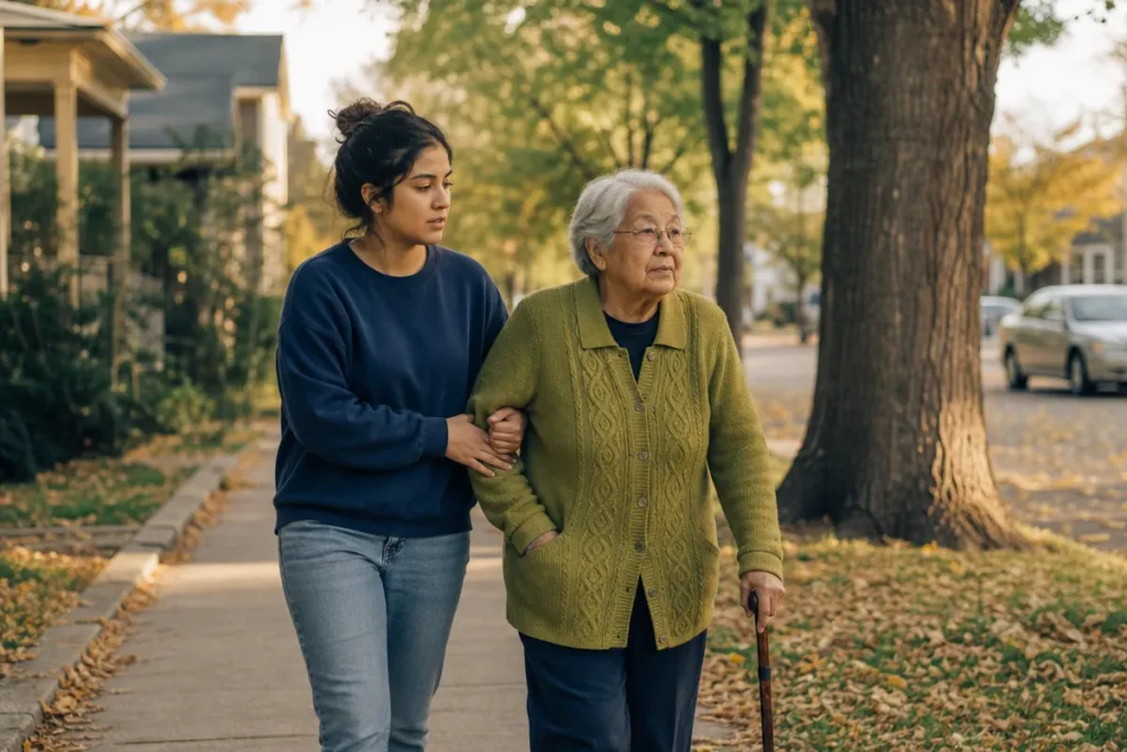 A younger volunteer walking beside an older adult on a residential sidewalk