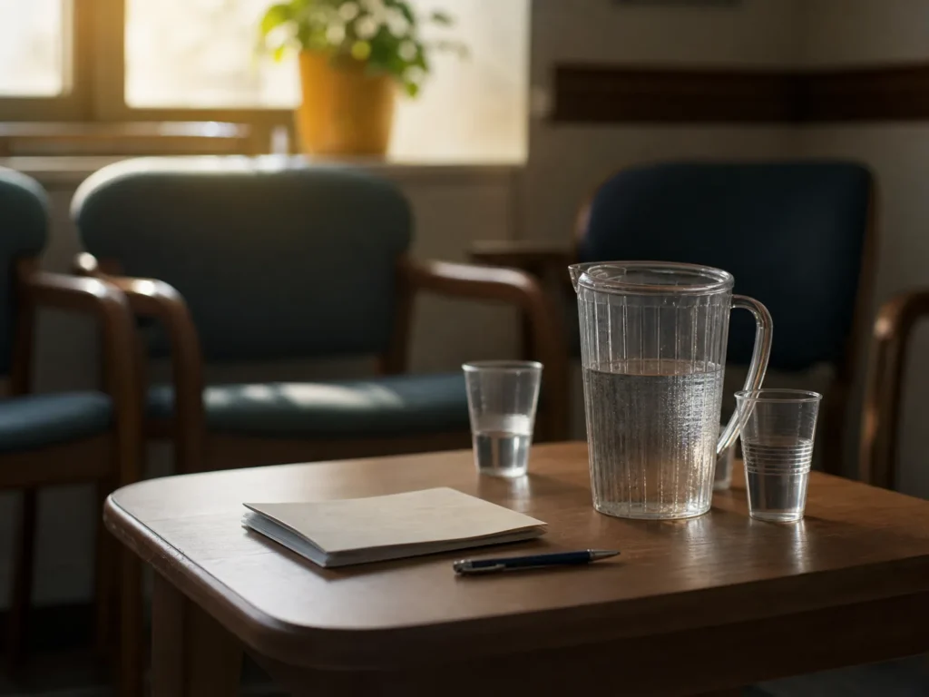 A folded pamphlet and pen on a waiting-room side table beside a water pitcher