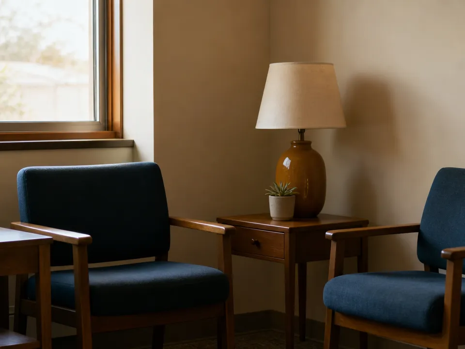 A small welcoming waiting area with two chairs, a lamp, a water pitcher and a plant